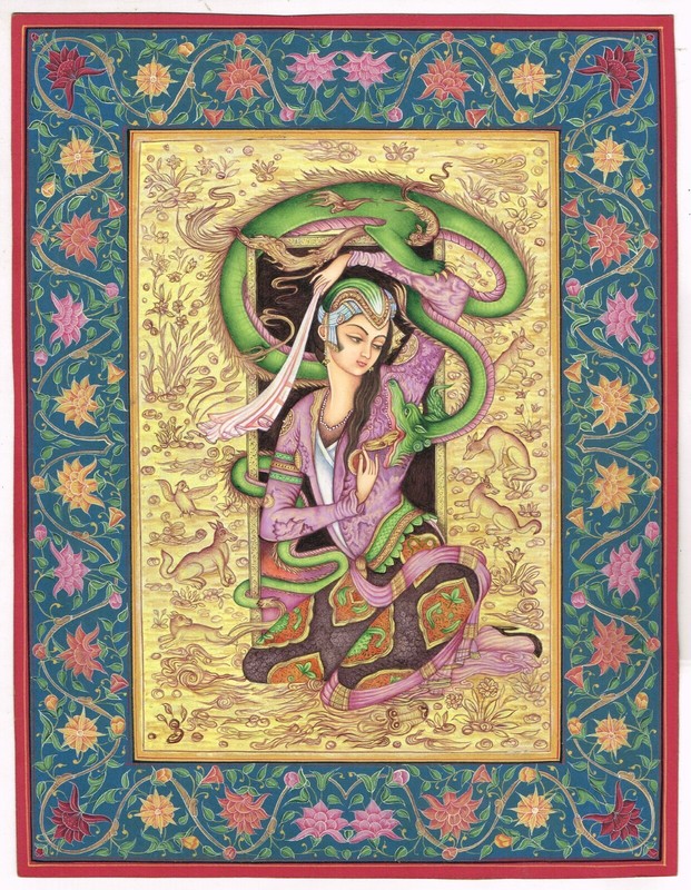 Handmade Persian Women Painting Of Persian Women With Dragon Art 10×13 Inches