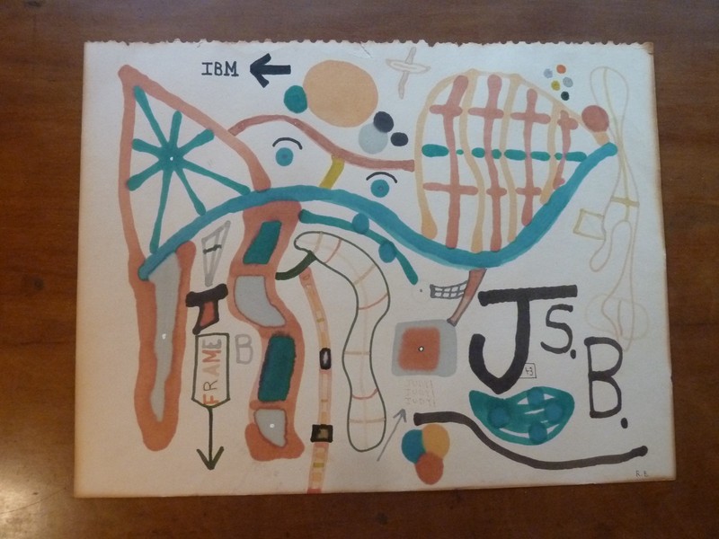 Vintage Watercolor Abstract Outsider Art IBM COMPUTER FRAME 10 1/2 X 14″