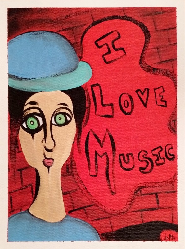 I LOVE MUSIC EXPRESSIONISM ART PAINTING ON LOOSE CANVAS..9 X 12 BY: JORDO #2 RED