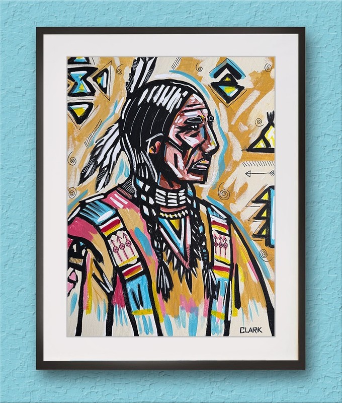Abstract Native American With Braids Acrylic Painting – 16×12″ Stretched Canvas