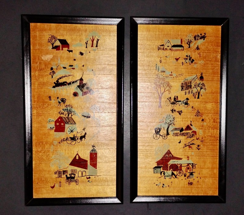 SET OF VINTAGE RFH FOLK ART SCREEN PAINTING ON VENNER, LOOK!