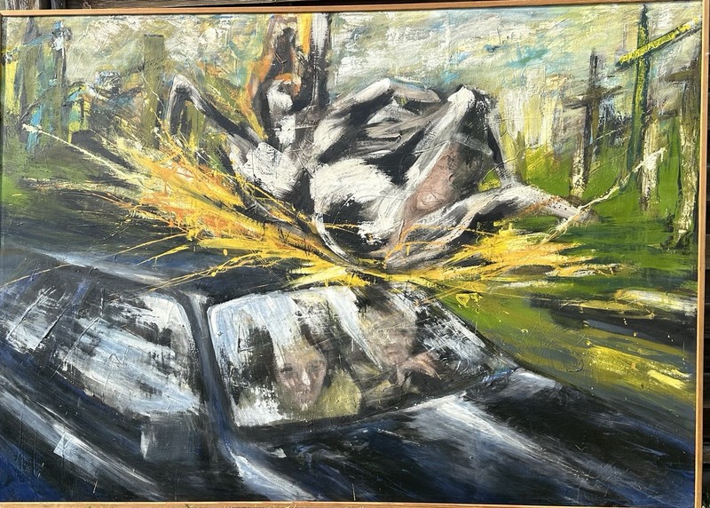 Oil painting probably cow against car approx. 120 x 170 cm, pure drama, illegible