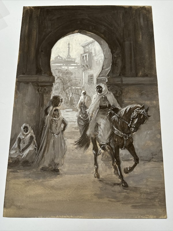 ANTIQUE MASTERFUL PAINTING ORIENTALISM VILLAGE TOWN PORTRAIT PEOPLE ARCHITECTURE