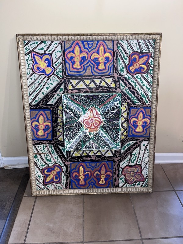 Abstract Mixed Media Framed 3D Painting Art Fleur De Lis Artisan Unknown 31”x38”