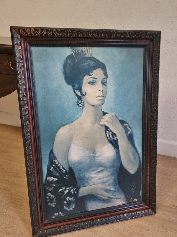 Vintage Barbara Weber "Carmen" LARGE Blue Framed Art Print- Spanish Revival MCM