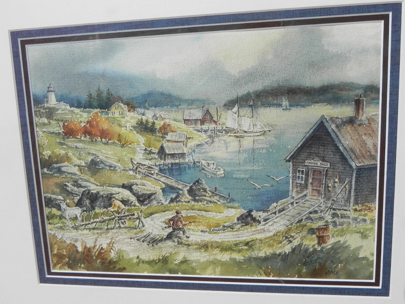 Maine fantasy pastiche painting harbor ship lighthouse lobster signed late 20thc