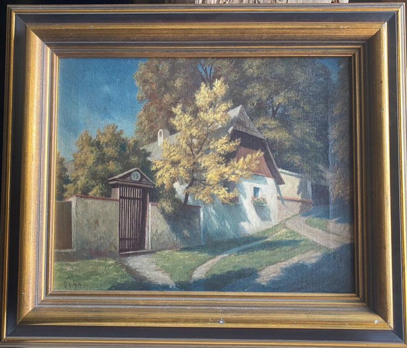 ::OIL PAINTING SIGN. STRETCH VIEW GATE ENTRANCE HOUSE UNDER TREES