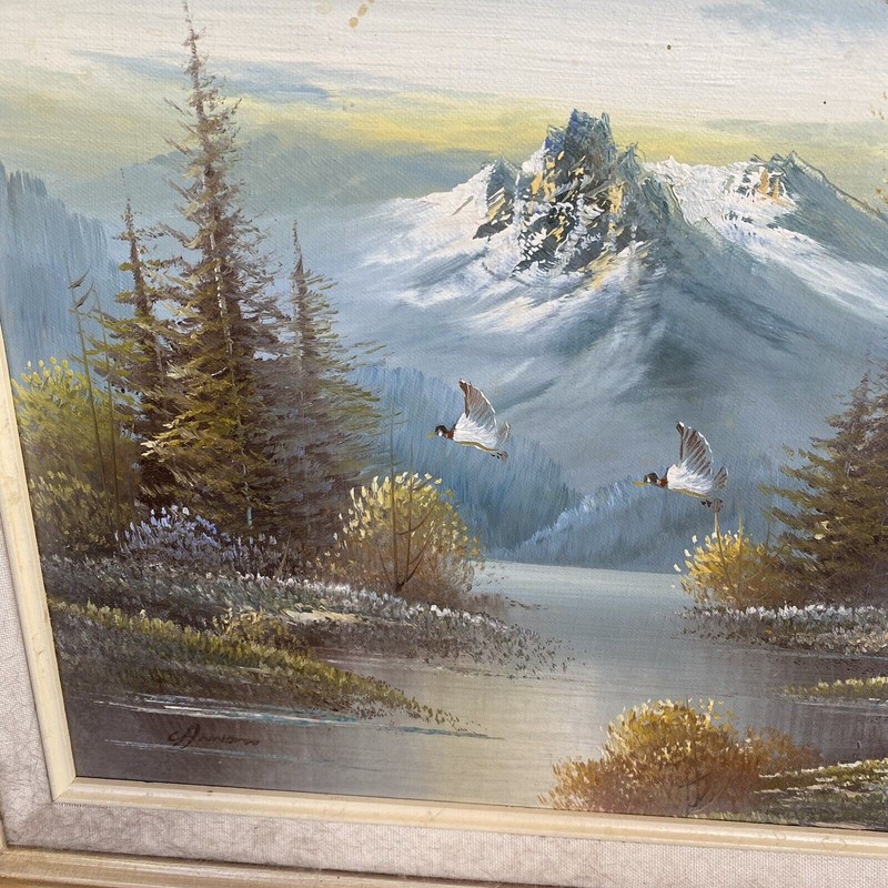 Landscape Painting River Birds Flying Acrylic Signed Art 21”x17” Canvas Framed gallery