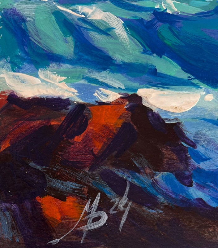 Acrylic Painting Waves Crash The Rocks M. Patskan Unframed Original nAAA4834 gallery
