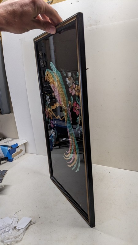 Antique Reverse painted Glass Tinsel foil Art Parrot wood frame 1920's Deco Tiki gallery