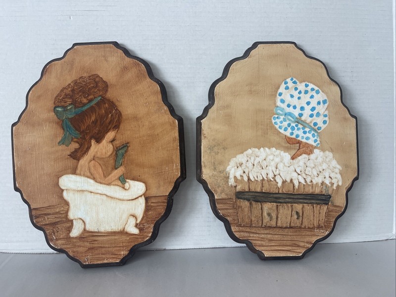 Babies Bathtub Beauties Paintings On Wood Clawfoot/ Oak Tubs Bathroom 12×9”