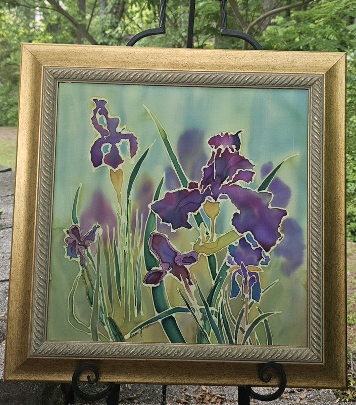 Signed Original Ink on Silk Painting- Irises on Silk by Anne Gordon- Framed gallery