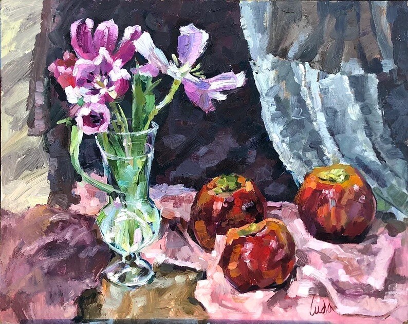 Still Life of Flowers in a Glass Vase Oil Painting on Hardboard Size 24×30 inch