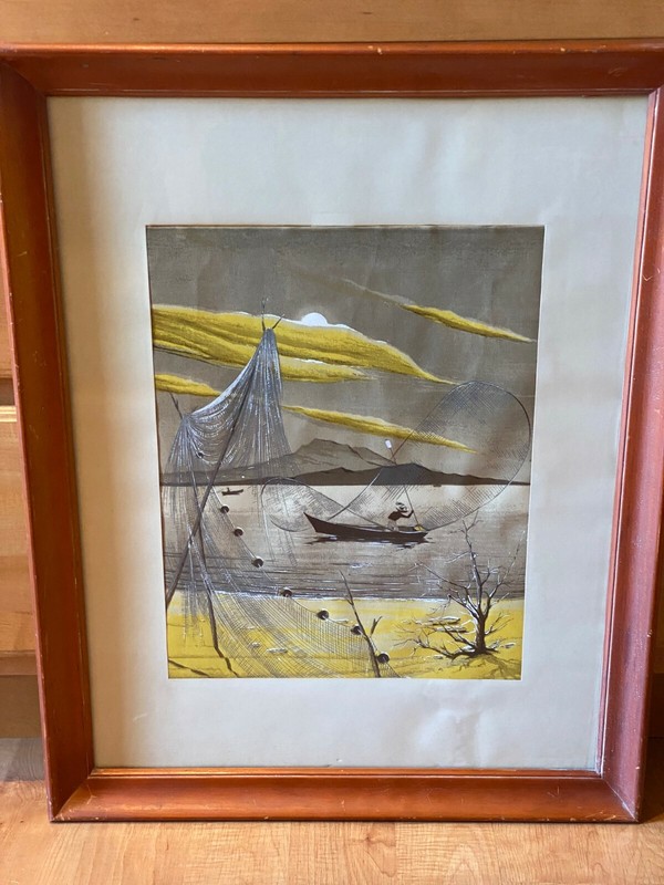 ORIGINAL JAMES BUNNELL HAND PAINTED CHINESE FISHING CAST NET PAINTING WATERCOLOR