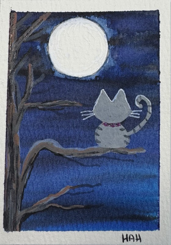 ACEO Original Hand-Painted Acrylic And Watercolor Cat In A Tree 2.5 X 3.5 gallery