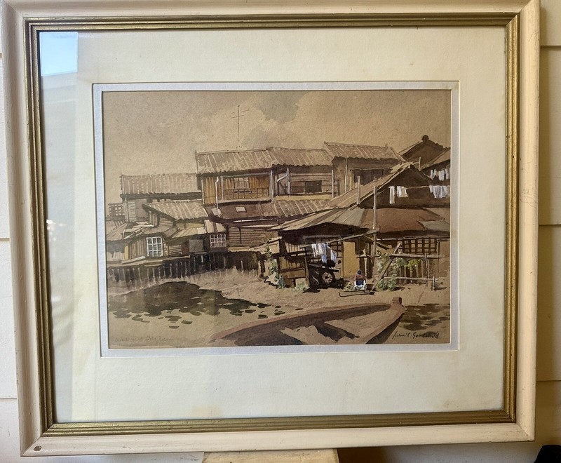John C Goodchild WATERCOLOUR Dwellings Kobe Japan 1945 Australian War Artist WW2