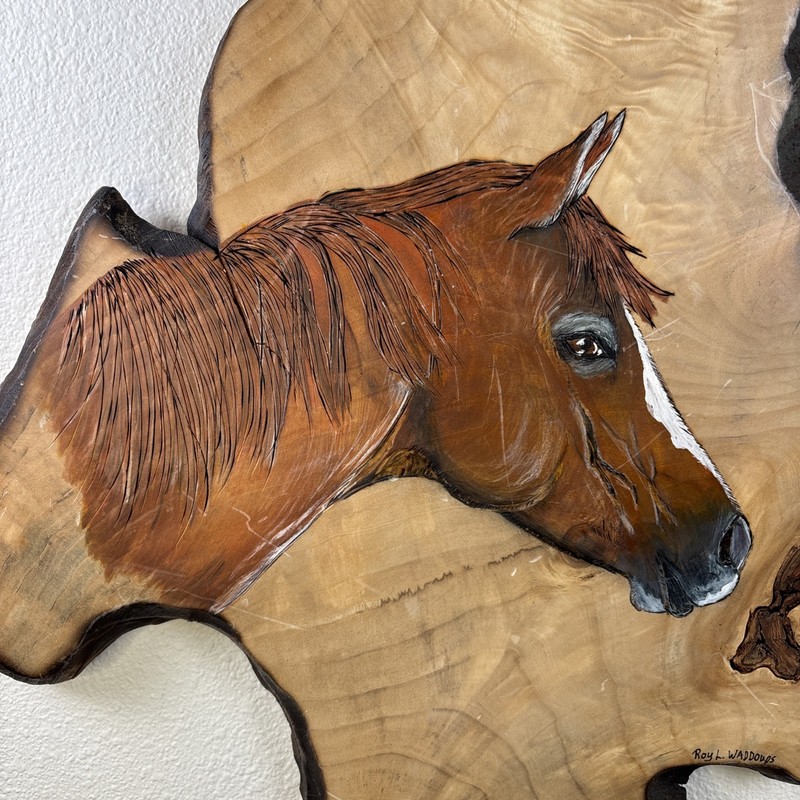 Original Wall Art Horse Painting Raw Edge Wood Signed Roy Waddoups Ranch Western