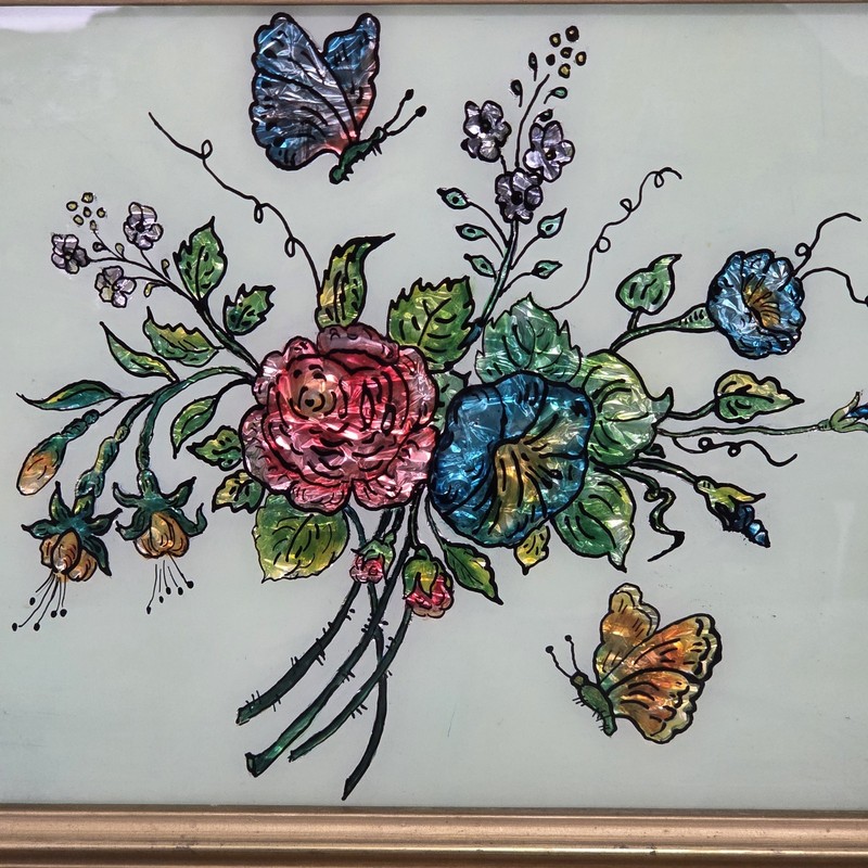 Vintage Tinsel Reverse Glass Painting Gold Gesso Wood Frame Floral Butterfly gallery
