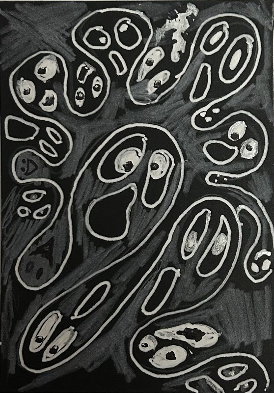 ACEO Original – Mini Art Titled ‘Ghosts At Work!’ 2.5X3.5” -By Lyn’et