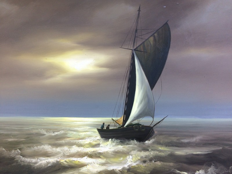 RICK GONZALEZ – Filipino Artist Large Maritime Sailboat Seascape Original Oil