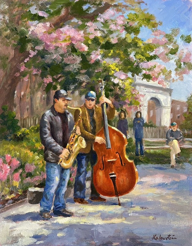 Spring NYC Jazz Musicians Park Original Oil Painting Realism Kaloustian Art