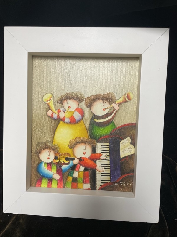 JOYCE ROYBAL OIL PAINTING FRAMED SIGNED 10″ X 8″ CANVAS CHILDREN’S MUSICANS