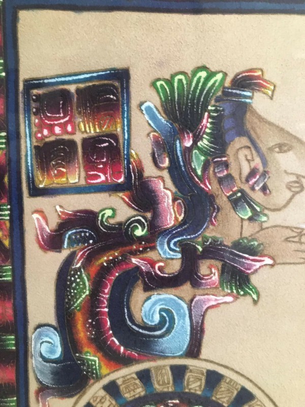 Mexico Mayan Pyrography Leather Painting in Custom Frame VERY RARE 20"x14 1/2" gallery