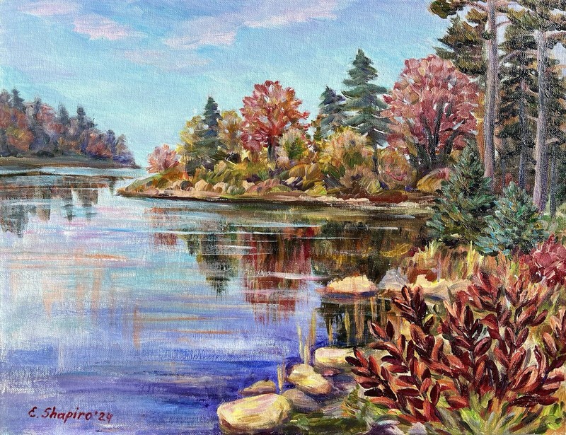 Original Acrylic Painting Fall Landscape 14×18 Forest Lake Wall Art