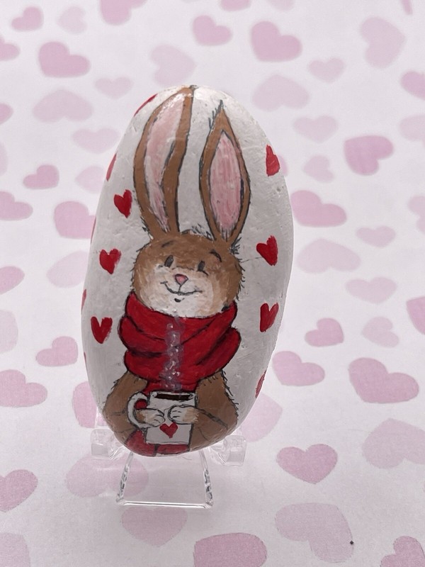 Winter Love Bunny Wearing Scarf with Hot Cocoa, Hearts, Painted Rock