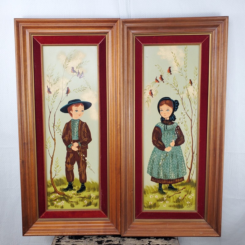 Mid Century Signed Lola Cabot Amish Boy & Girl Paintings Original 14 x 30″