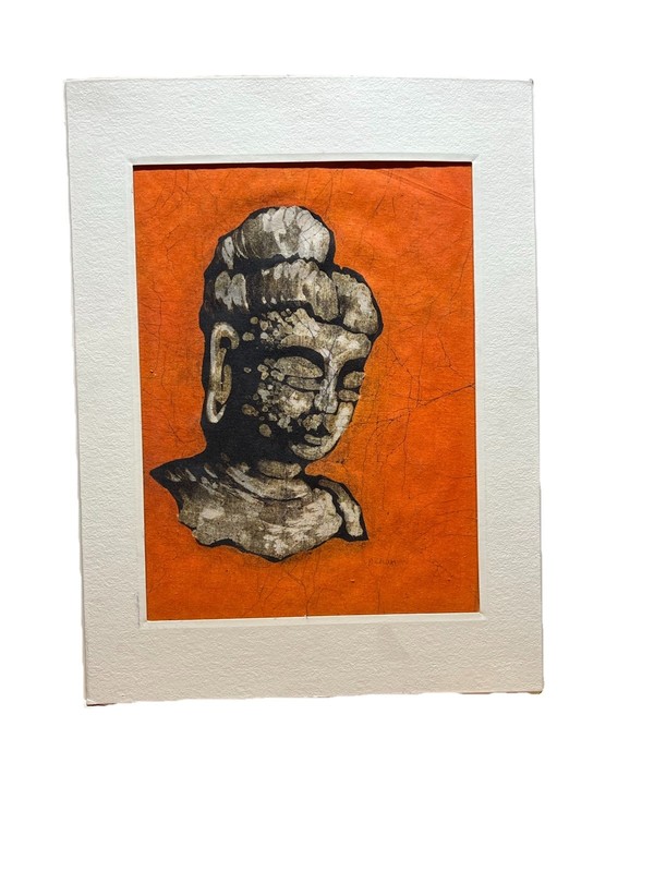Mid Century Signed P Chan Batik Acrylic Painting on Fabric Serene Buddha Head