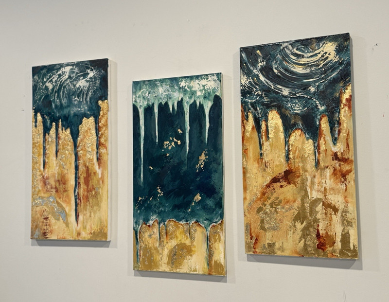 Abstract Contemporary Painting on Canvas Triptych Set Unframed 24×12 in