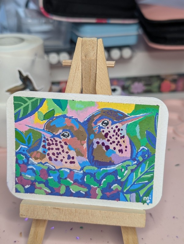 ACEO Original Simmering Baby Hummingbirds in Nest Acrylic Bird Painting OOAK