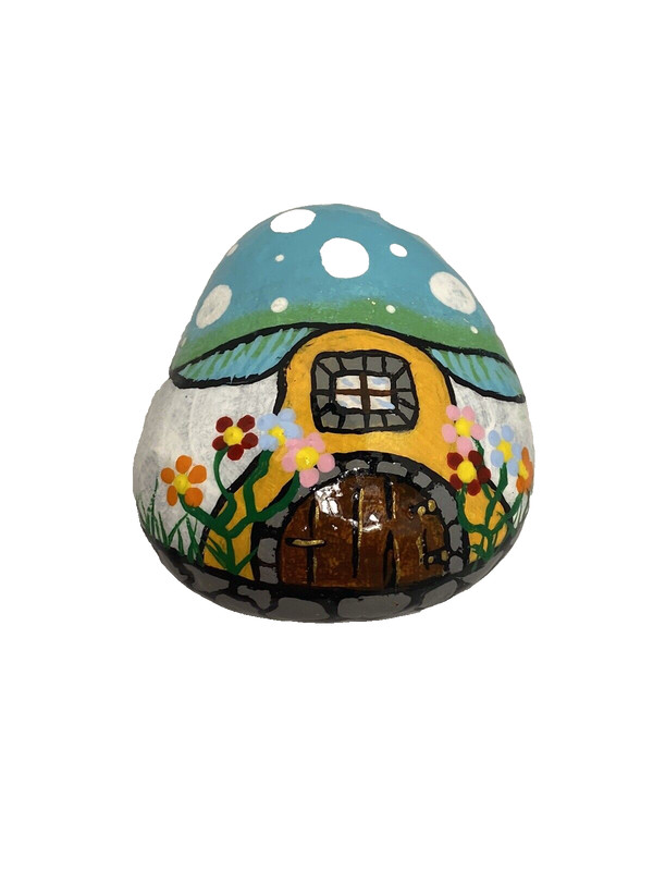 HAND PAINTED ROCK mushroom house fairy garden whimsical fantasy nature woodland