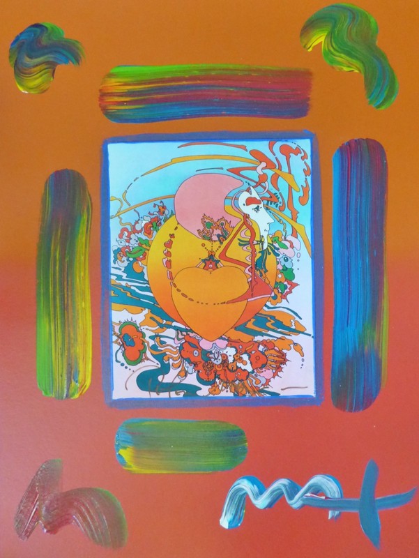 PETER MAX ORANGE HEART Unique Mixed Media with Acrylic paper Hand signed COA