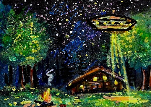 Original ACEO Painting CABIN & Spaceship Stars Night TREES Universe UFO ATC ART