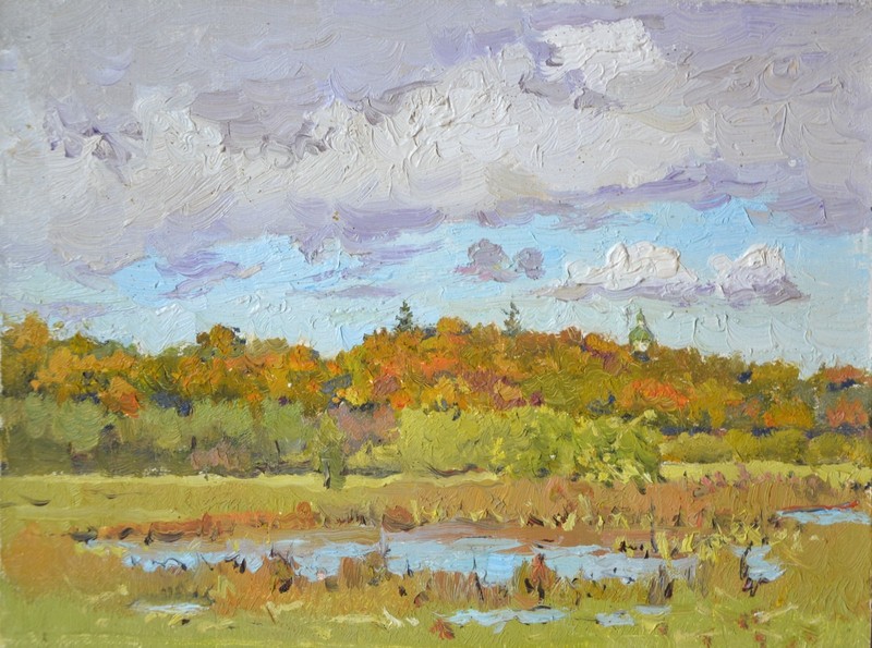 Original Oil Painting on canvas, Vintage Landscape Sunny Day Ukrainian Artist