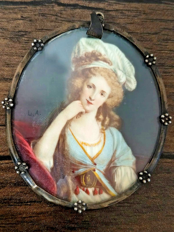 Exquisite Antique Miniature Portrait Pendant in an Ornate Metal Frame Piece