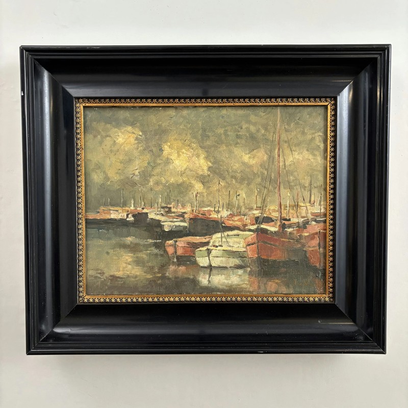 Original Interior Oil Painting «Moored Boats» Traditional Artwork