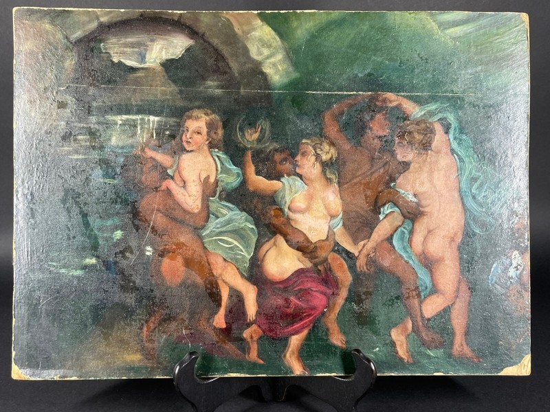 19th Century Unframed Oil on Board Classical Bacchanal Scene w Export Stamp