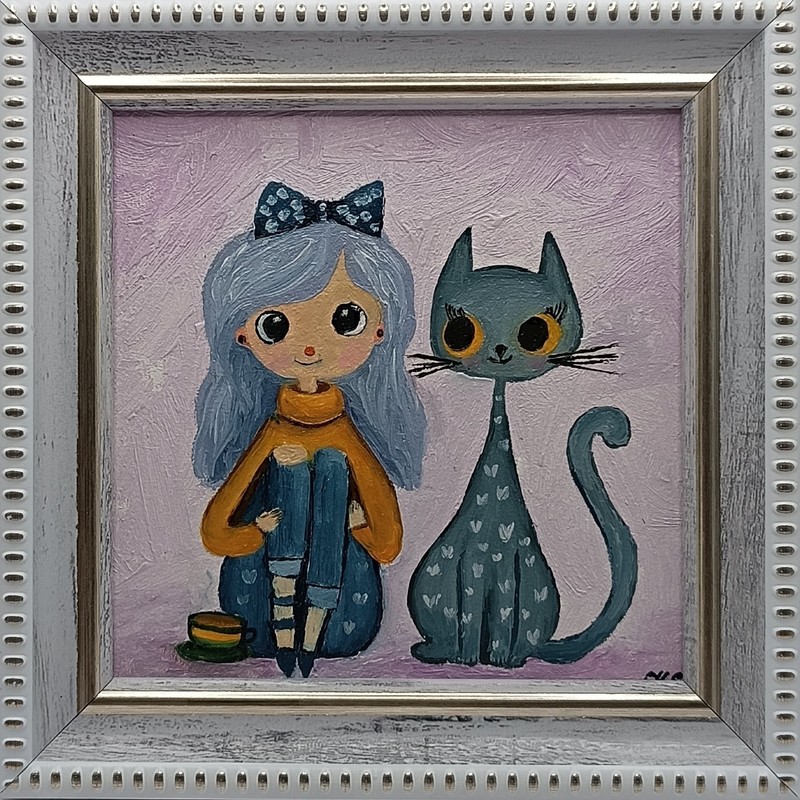 Original Oil Painting Miniature Cute Girl Grey Cat Art Small Framed Purple 4×4