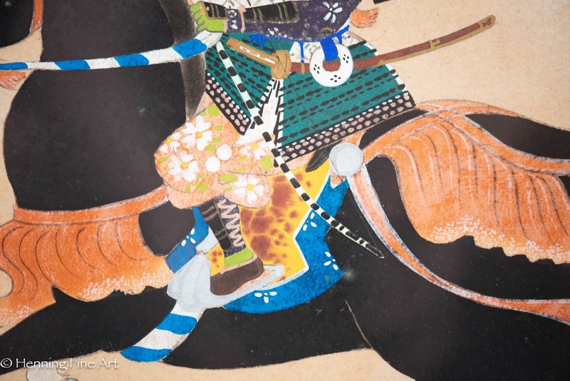 Antique / Vintage Japanese Silk Painting of Samurai Warrior on Horseback 16x19" gallery