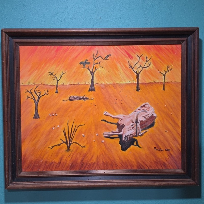Vtg Original Folk Art Painting Oil Or Acrylic On Canvas Texas Artist Poncho 1980