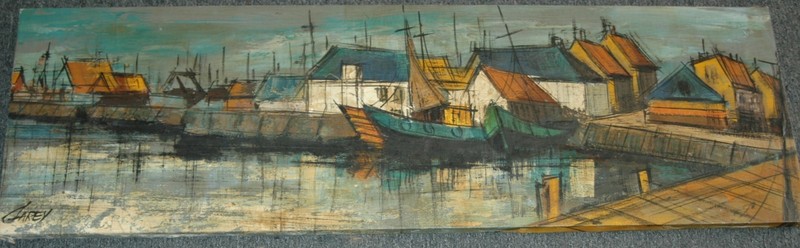 Mid Century Original Painting Harbor Scene W Boats Buildings Water Signed Garey