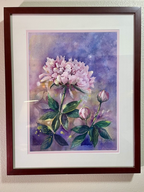 Artist Signed Floral Watercolor Painting 2008 New Cherry Wood Frame BEAUTIFUL