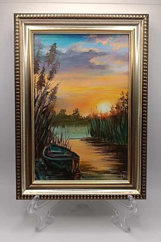 Original Miniature Sunset Lake Oil Painting Boat River Landscape 4x6 Small Art gallery