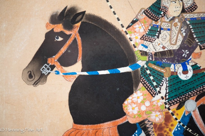 Antique / Vintage Japanese Silk Painting of Samurai Warrior on Horseback 16x19" gallery