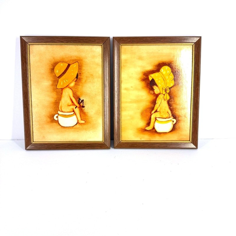 Vintage Pair Framed Children Chamber Pot 3D Relief Wall Art Bathroom Kitsch