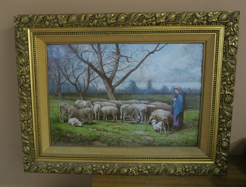 Vintage Antique Signed AM French Porcelain Art Painting Shepherdess Sheep Herd