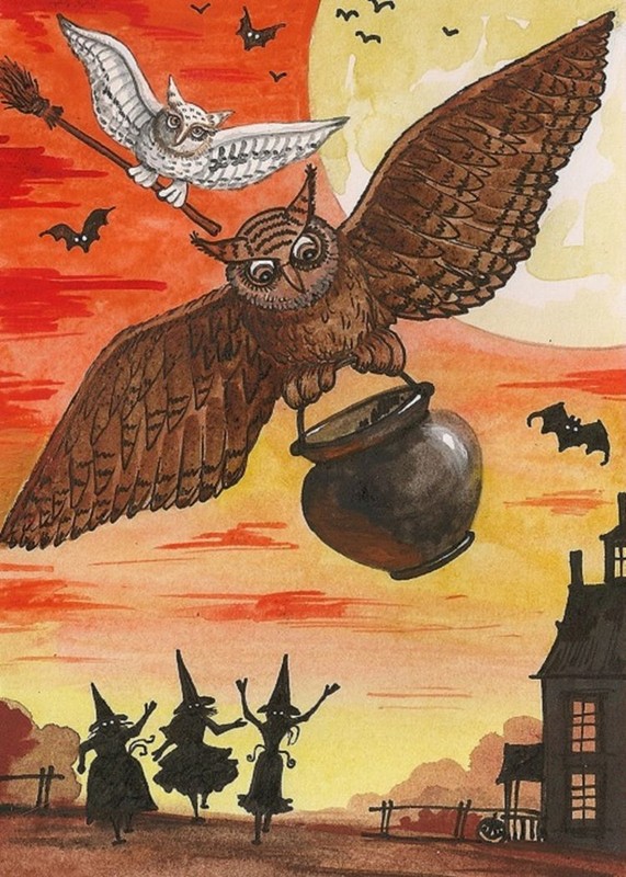ACEO PRINT OF PAINTING RYTA HALLOWEEN WITCH HAUNTED HOUSE OWL CAT FOLK Art 🎃